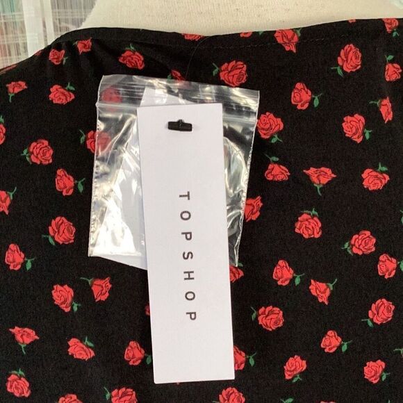 NWT TOPSHOP Ditzy Rose Button Front Midi Prairie Dress Women’s 8 Black Red - Picture 11 of 13